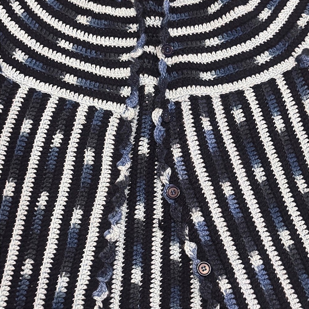 Vintage Handmade Crochet Short Sleeve Cardigan Blue Striped Boho Btn Up Sweater - Picture 2 of 4